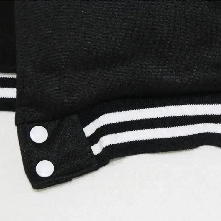 Preppy Style B-class printed baseball jacket with black and white color block sleeves and contrasting colors