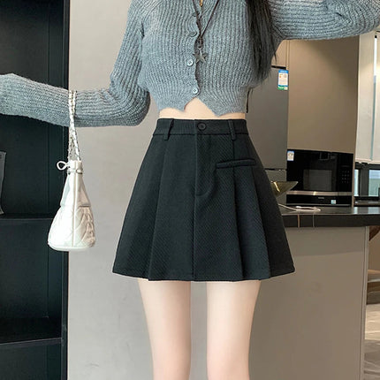 Gidyq Women Wool Mini Skirt Casual Korean Female High Waist Pleated Skirt Harajuku Fashion Streetwear Thick A Line Skirts New PlatiNum