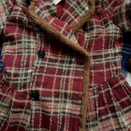 Women's Double Breasted Plaid Coat, Woolen Jacket , V-Neck, Loose Tops, Female Clothes, Sweet, New, Autumn, Winter