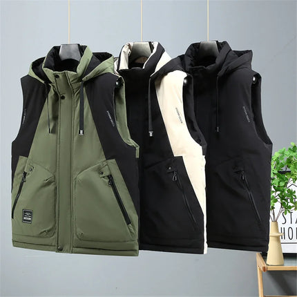 Autumn Winter Thick Vest Men Plus Size 8XL Cargo Vests Patchwork Sleeveless Jacket Fashion Casual Hooded Vest Male