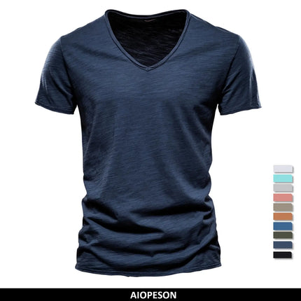 Men's 100% Cotton Branded Quality T-shirt V-Neck Fashion Design Slim Fit Solid Men's T-shirt Top Tees Short Sleeve T-shirt for Men