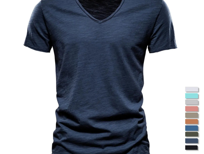 Men's 100% Cotton Branded Quality T-shirt V-Neck Fashion Design Slim Fit Solid Men's T-shirt Top Tees Short Sleeve T-shirt for Men