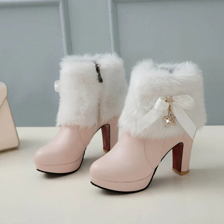Snow Boots Womens Winter Warm Plush Fashion High Heels Pink White Black Fur Bowt Dress Party Wedding Platform Boots 526-1