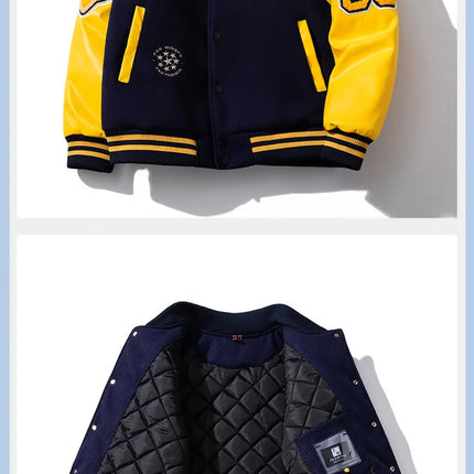 Winter Loose bomber jacket Men Woolen Retro Cotton Liner parkas couple streetwear PU leather sleeves baseball jacket chaquetas