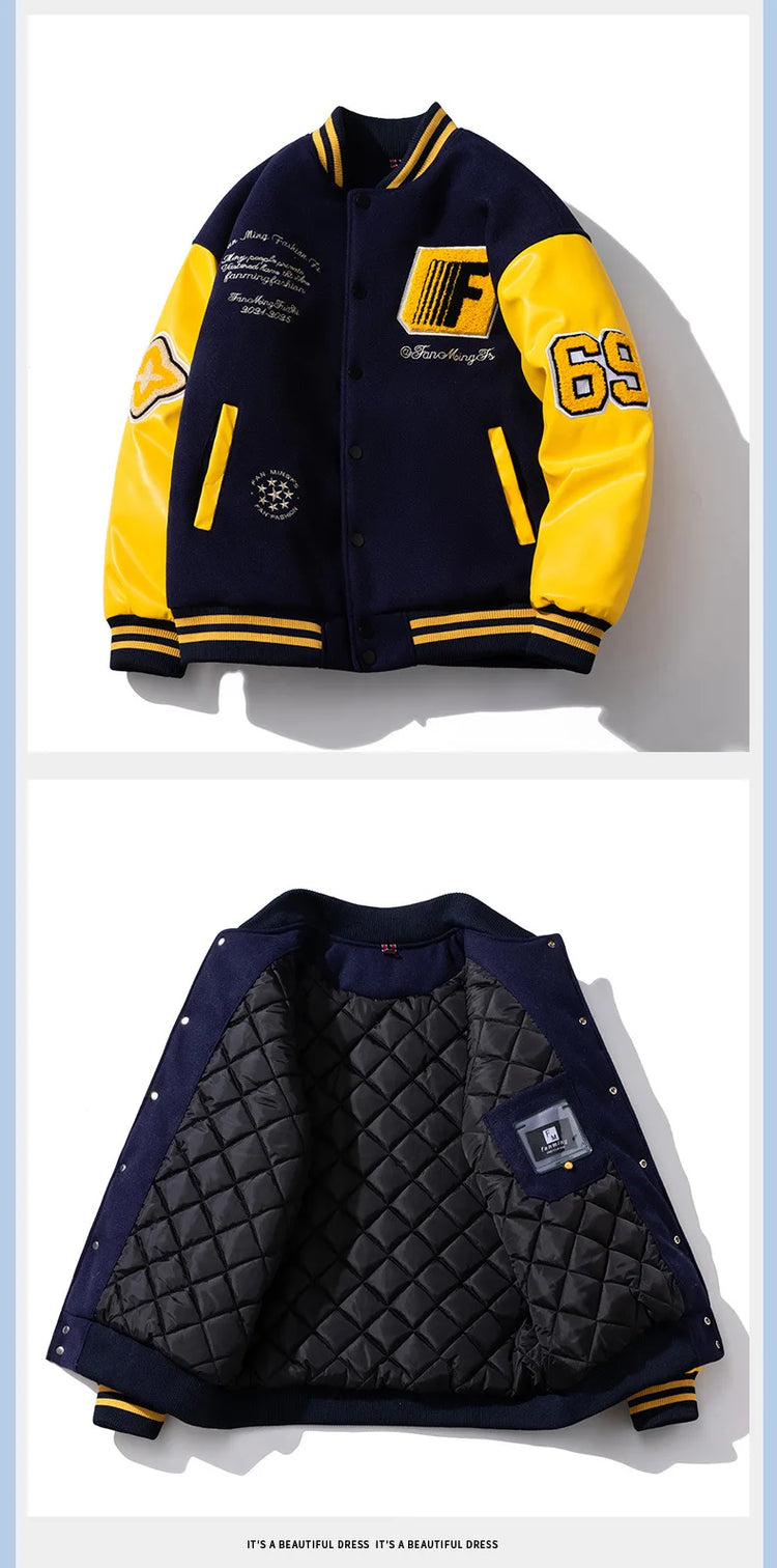 Winter Loose bomber jacket Men Woolen Retro Cotton Liner parkas couple streetwear PU leather sleeves baseball jacket chaquetas