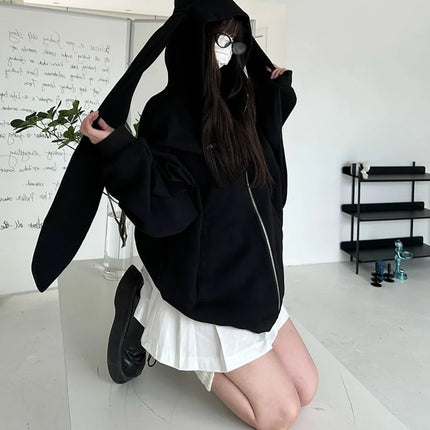 2026 Autumn Kawaii Bunny Big Extra Ears Hoodie Long Sleeve Hooded Sweatshirt Y2K Style Fashion Rabbit Oversized Zip-up Hoodies