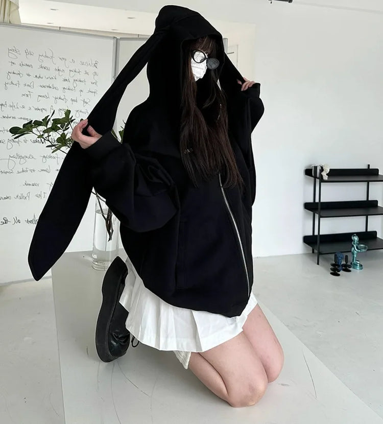 2026 Autumn Kawaii Bunny Big Extra Ears Hoodie Long Sleeve Hooded Sweatshirt Y2K Style Fashion Rabbit Oversized Zip-up Hoodies