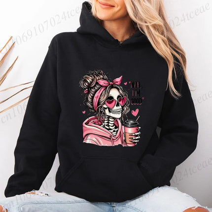 Funny Hip Hop Streetwear Fashion Gothic Hoodies Long Sleeve Vintage Sweatshirts Skeleton Love Coffee Graphic Women's Sportwear