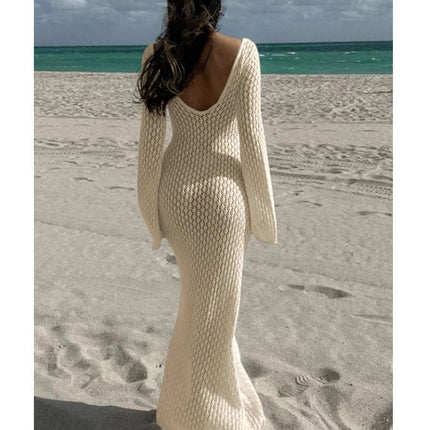 Nuovo stile lavorato a maglia scava fuori scollo a V abito a maniche lunghe da donna vacanza al mare bikini senza schienale copricostume protezione solare abito lungo platinumshop