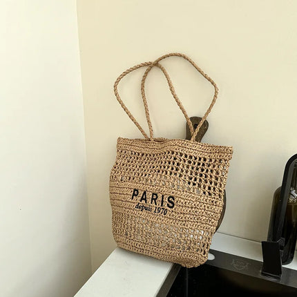 Hylhexyr Women's Letter Embroidered Shoulder Bag Woven Straw Bag Large Capacity Empty Holiday Beach Bags