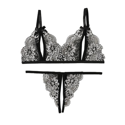 Floral Lace Bra Set Bow Intimates Bra And Thongs Sets Outfit Women's Underwear Set