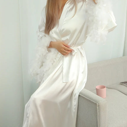 Piuma Blush Kimono Robe Boudoir Matrimonio Lunghezza pavimento Maxi Vestaglia Vestaglie Sposa per essere addio al nubilato Macchia Lingerie di seta