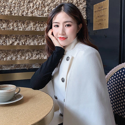 French Elegant Retro Hepburn Style Stand Collar Double-breasted Loose Temperament Commuter Woolen Jacket Cape Cloak Women Autumn