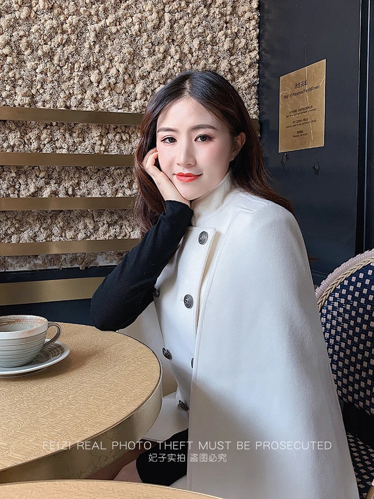 French Elegant Retro Hepburn Style Stand Collar Double-breasted Loose Temperament Commuter Woolen Jacket Cape Cloak Women Autumn