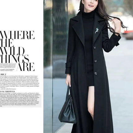 New Women's Spring Autumn Winter Woolen Coat Slim  Long Over The Knee Lining Woolen Windbreaker Outerwear Match Belt Female