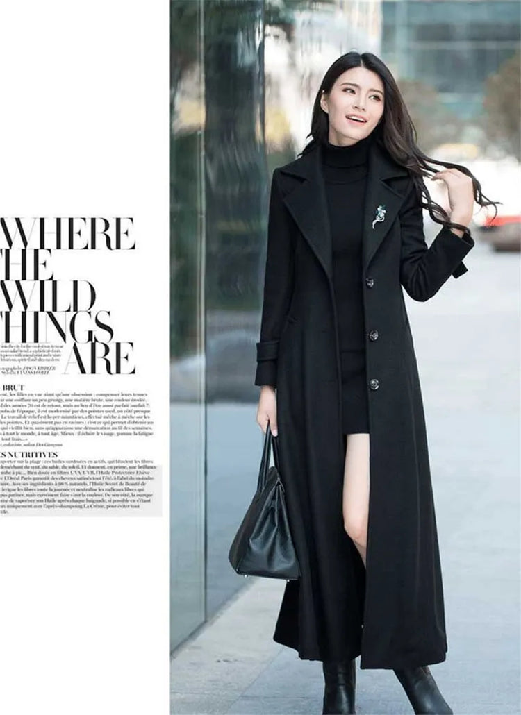 New Women's Spring Autumn Winter Woolen Coat Slim  Long Over The Knee Lining Woolen Windbreaker Outerwear Match Belt Female