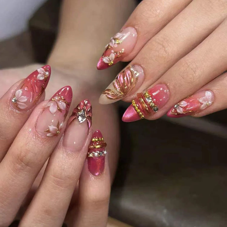 24pcs Pink Flower Almond Press on Nails Kawaii False Nails Wearable Stick-on Nails Fake Nail Uñas Postizas Накладные Ногти 네일팁2028