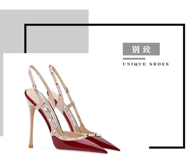 Nuovi tacchi alti europei e americani sexy vino rosso per le donne tacchi sottili punta a punta, bocca poco profonda, sandali con scarpa singola rivettata