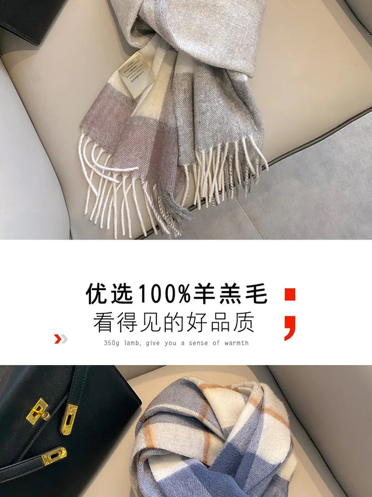 High Quality 100% Pure Wool Scarf Women Classic Chic  Autumn Winter Colorful Plaid Tassel Warm Muffler Female Thermal Shawl Lady