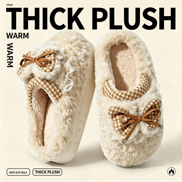 Kawaii Winter Warm Cotton Slippers Women Plaid Bowknot Lace Ruffle Plush Thick Platform Non-Slip Indoor Casual Shoes