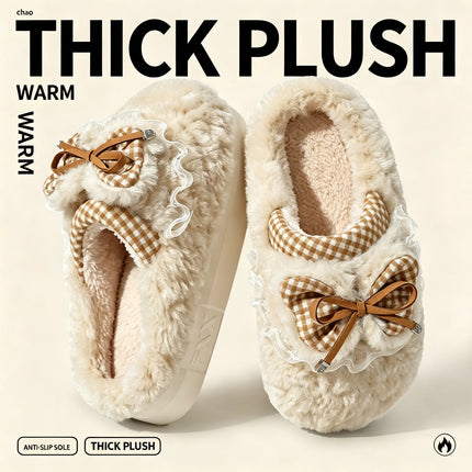 Kawaii Winter Warm Cotton Slippers Women Plaid Bowknot Lace Ruffle Plush Thick Platform Non-Slip Indoor Casual Shoes
