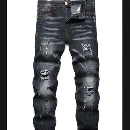 Fashion New Slim Stretch Ripped Jeans Men's Streetwear Paint Spots Denim Pants Hip Hop Punk Personality Hole Male Trousers PlatiNum