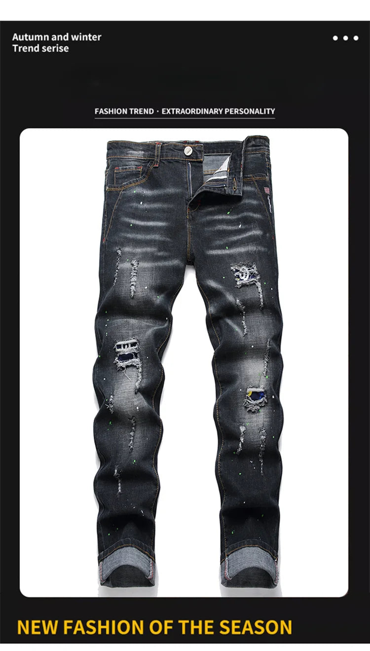Fashion New Slim Stretch Ripped Jeans Men's Streetwear Paint Spots Denim Pants Hip Hop Punk Personality Hole Male Trousers PlatiNum