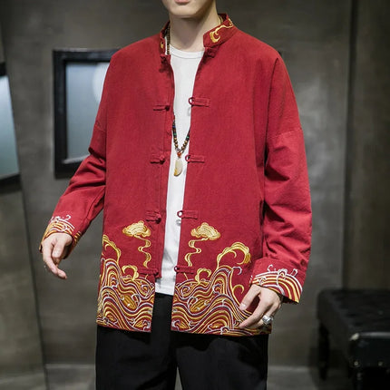 Camicie da uomo ricamate 2026 primavera stile cinese retrò colletto alla coreana giacca in cotone e lino cardigan da uomo Kungfu allentato casual Top