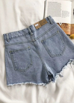Pantaloncini di jeans coreani Donna Moda estiva Casual Jeans strappati a vita alta Tasca nappa Y2K Pantaloni caldi Streetwear Pantaloni blu