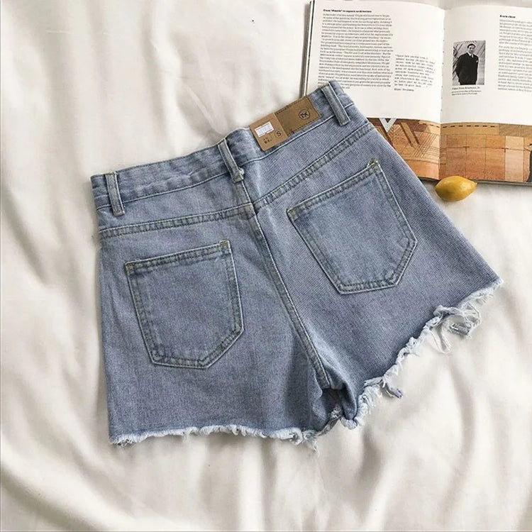 Pantaloncini di jeans coreani Donna Moda estiva Casual Jeans strappati a vita alta Tasca nappa Y2K Pantaloni caldi Streetwear Pantaloni blu