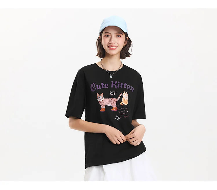 T-shirt a maniche corte Semir da donna, lunghezza media, fantasia carina, stile retrò, nuova collezione estiva 2025, top ampio traspirante, stile di nicchia