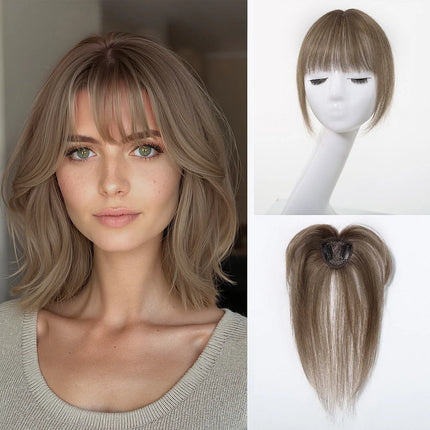 Ombre Light Blonde Real Human Hair Toppers with Swiss Lace Base Hair 3D Air Bangs 10inch Human Hair Topper for Women Hair Loss