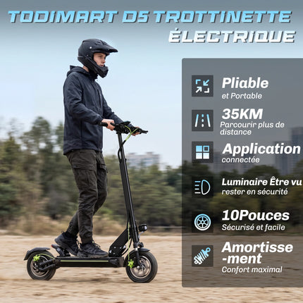 Monopattino elettrico Todimart D5S 490W 48V 10.4AH, autonomia 24KM, pneumatici fuoristrada da 10 pollici, sistema di sospensioni rigide, monopattino elettrico per adulti con APP.