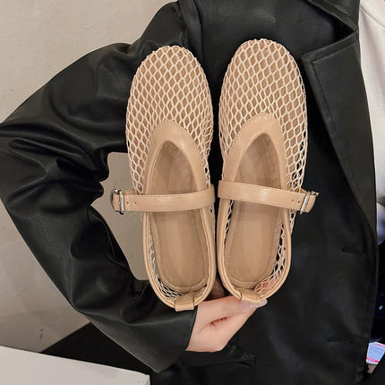 Scarpe estive da donna: Ballerine Mary Jane con punta tonda, fibbie dritte, casual e comode, con intagli, in rete