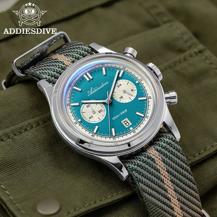 ADDIESDIVE AD2542 Luxury Quartz Chronograph Watch for Men Japanese 0S21 Movement 38mm Stainless Steel Case BGW9 Lume 100M Waterp