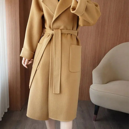 100% Wool Coat Women's Wear 2026 Autumn/Winter Fashion Temperament Double sided Cashmere Coats with Belt Elegant Long Overcoat