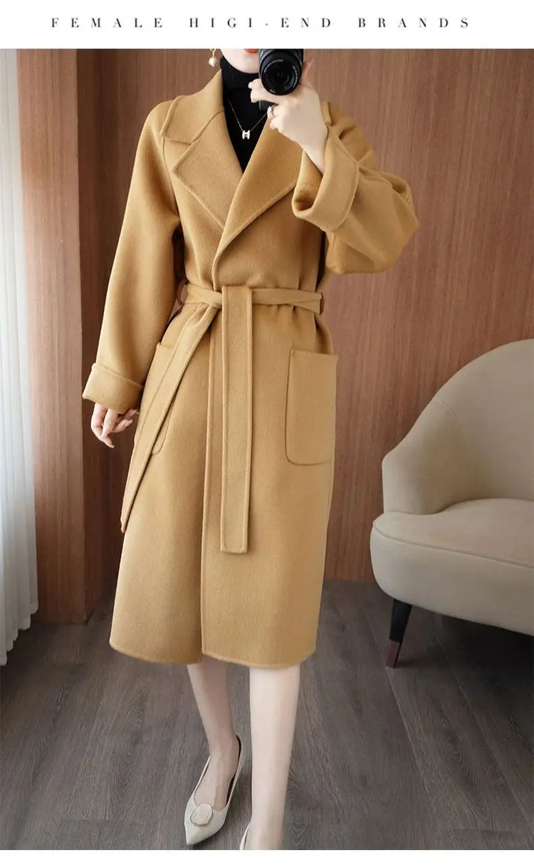 100% Wool Coat Women's Wear 2026 Autumn/Winter Fashion Temperament Double sided Cashmere Coats with Belt Elegant Long Overcoat