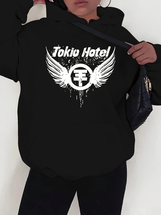Tokio Hotel Graphic Print Hoodie 100% Polyester Knit Fabric Casual Pullover with Drawstring Sweatshirt for Women