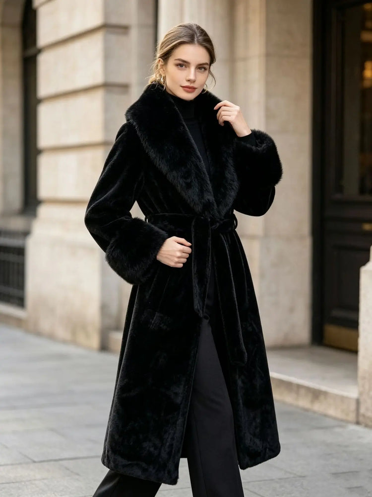 Women's Winter Trench Coat with Large Lapels, Faux Fox Fur Long Coat, Over-the-Knee Jacket