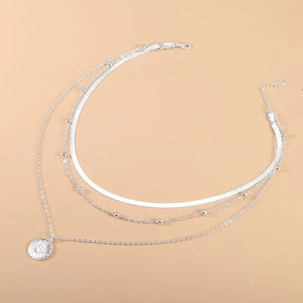 925 Sterling Silver Three-Layer Round Necklace Simple Snake Chain Charm Ball Chain Party Wedding Gift Women's Exquisite Jewelry PlatiNum