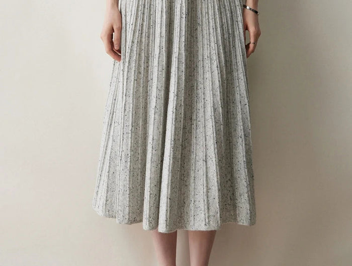 Chic Women's Cashmere Pleated A-line Skirt Autumn Winter 100% Cashmere Knitted Colorful Dots Decoration Elastic Waist Soft Dress PlatiNum