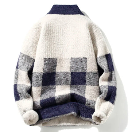 2023 Winter/Autumn Mink velvet High-Quality Fashion Trend Plaid Pattern Sweater Men Casual Loose Warm Sweaters Men Comfortable