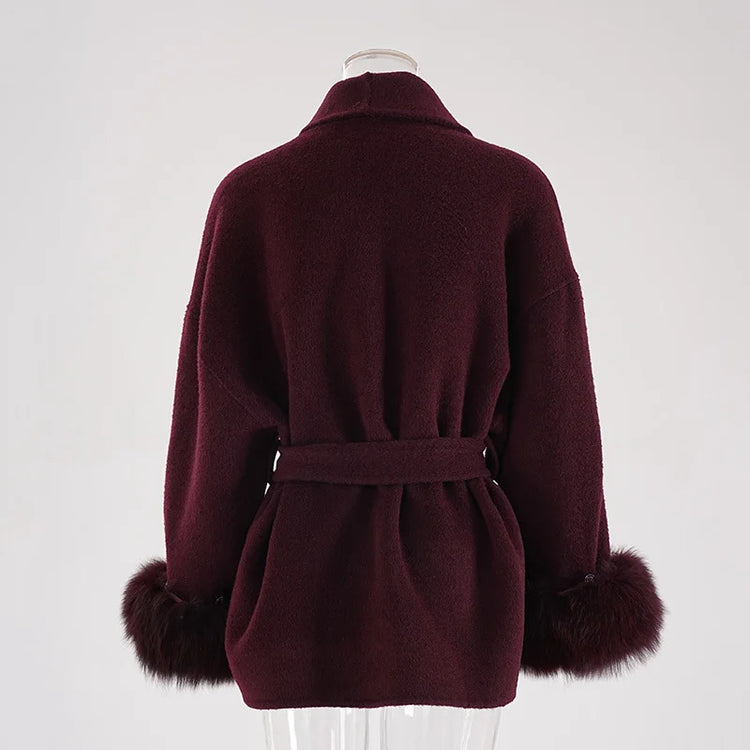UCXQ Elegant Woolen Coat Temperament Office Lady Overcoats Fur Patchwork Long Sleeve Beautiful Women's Coats 2025 Winter New