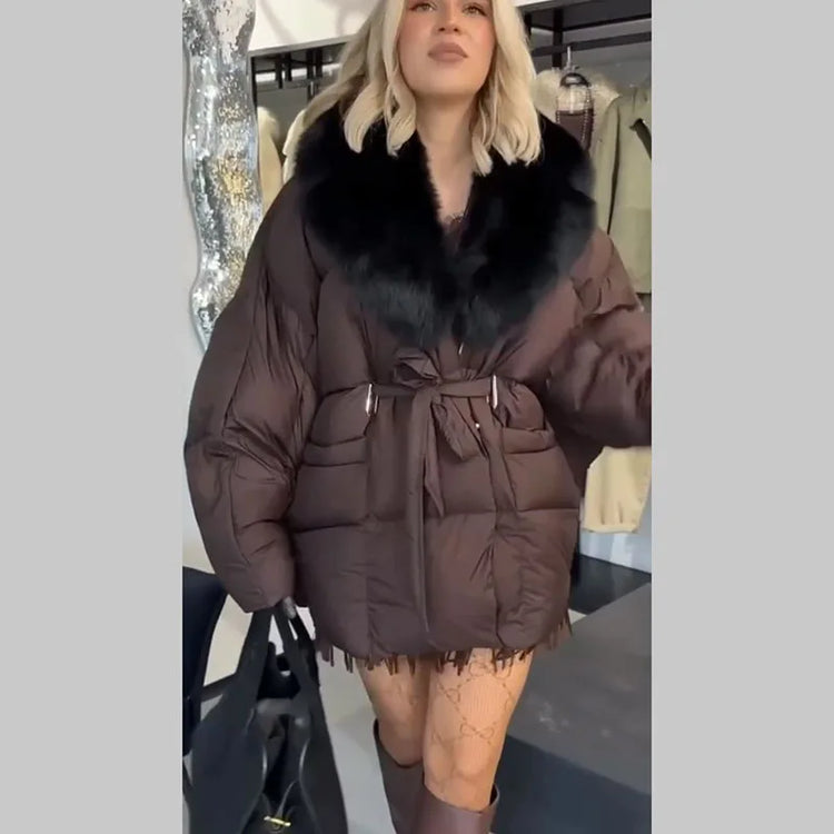 Casual Patchwork Faux Fur Collar Women's Coat Lace Up Pockets Thicken Lady Coats 2026 Autumn Winter Female Street Outerwear