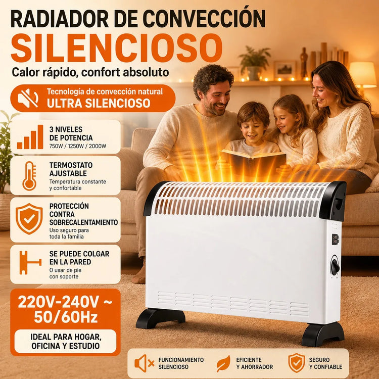 2000W Silent Electric Convector Radiator with 3 Power Levels, Adjustable Thermostat and Overheating Protection, Wall or Floor Heater for Home or Office