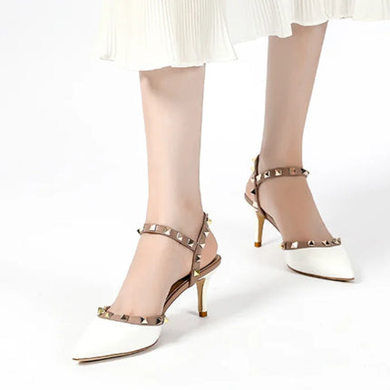Lady autentici sandali in pelle cinturino con fibbia tacchi alti sottili scarpe alla moda Lock Gold Studs Dress Pumps 33-41 25cm White Blac