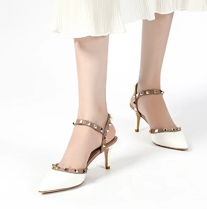 Lady autentici sandali in pelle cinturino con fibbia tacchi alti sottili scarpe alla moda Lock Gold Studs Dress Pumps 33-41 25cm White Blac