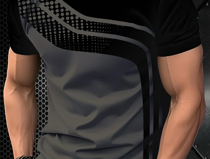 Men's Fashion Digital Print Short Sleeve T-Shirt in Black and Grey Stripes - Breathable Short Sleeve T-Shirt in Breathable Polyester