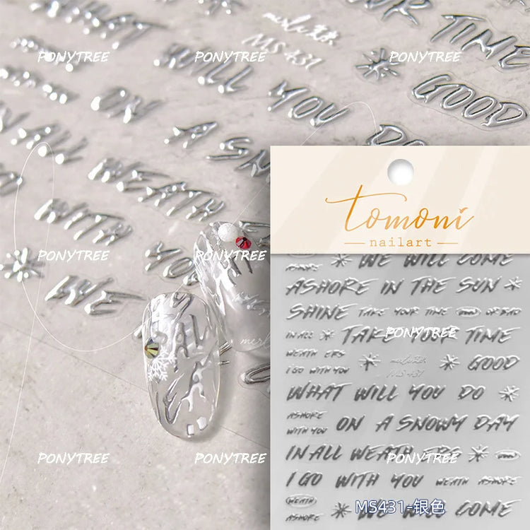 English Word Christmas Tree Calligraphy Font Reindeer Bell Gift Bowknot Starburst Adhesive Nail Charm Art Sticker Manicure Decal