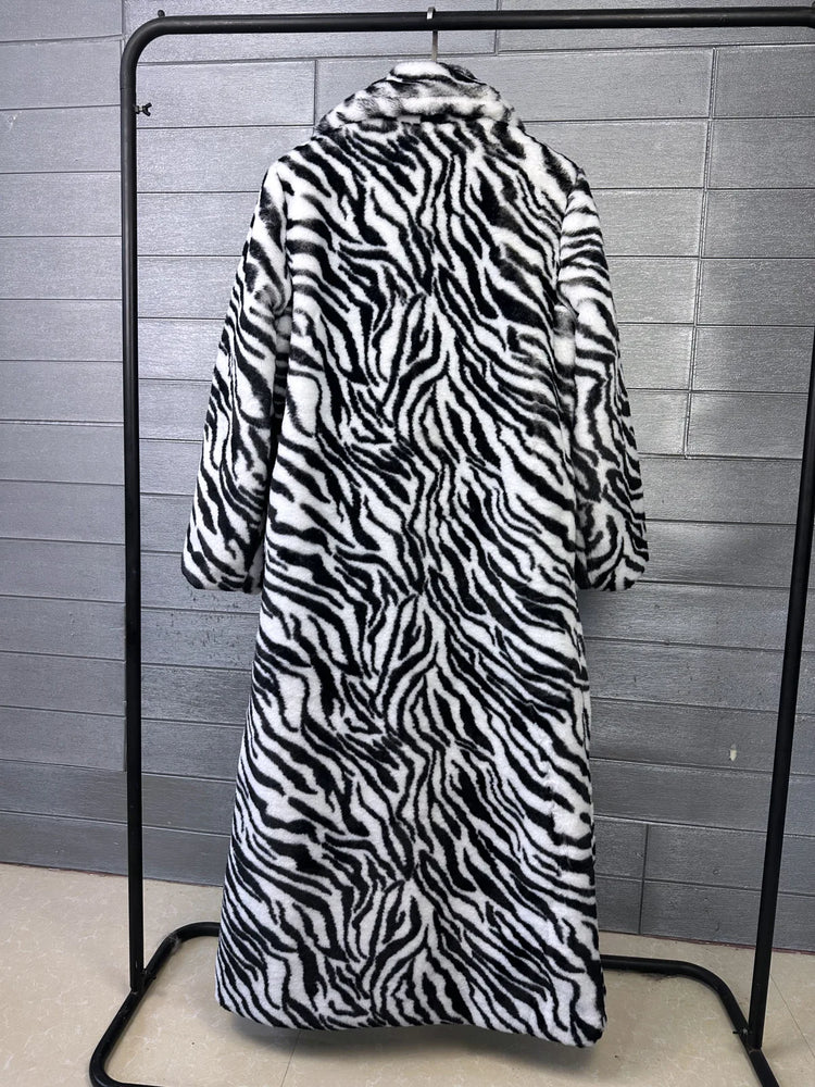 ZADORIN Elegant 130cm Long Furry Faux Rabbit Fur Coat Woman Y2K Clothes Leopard Lapel Faux Fur Jacket Woman Winter Fur Faux Coat